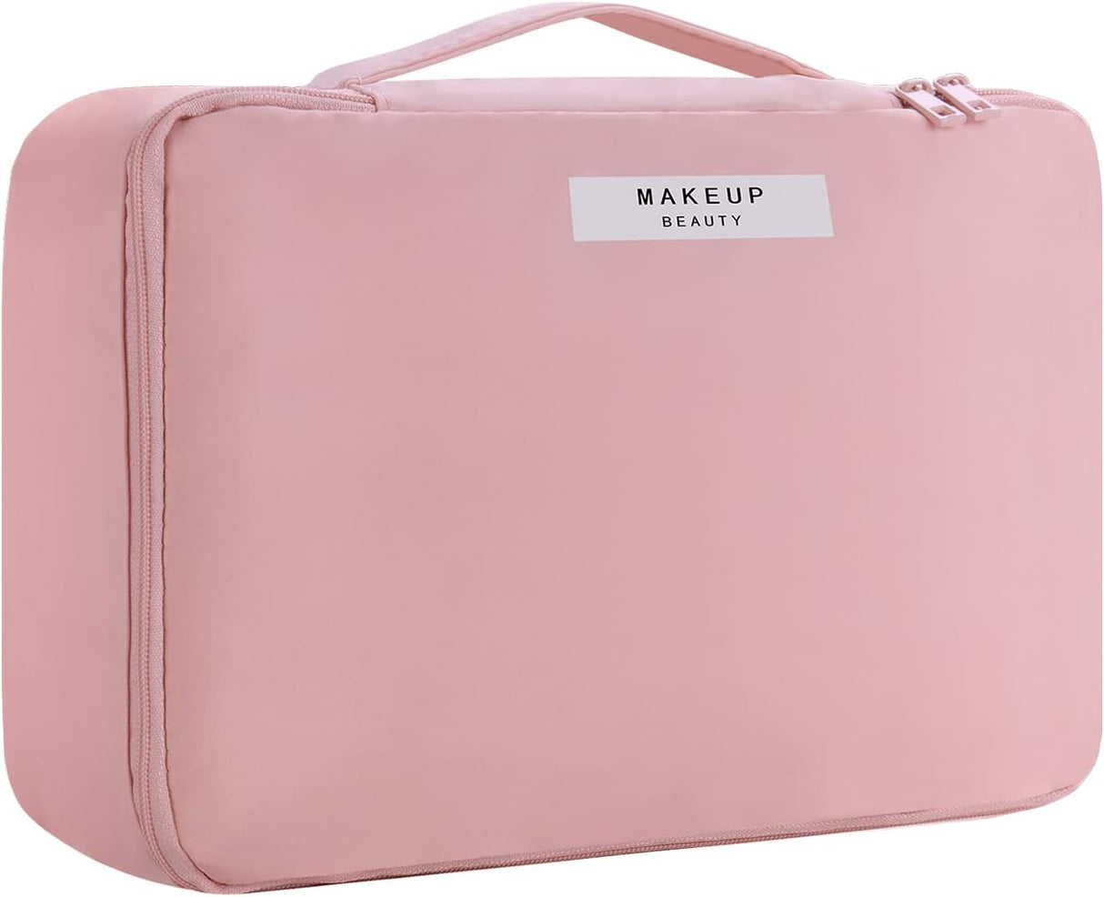 HCFGS Travel Makeup Bag [with Brushes Holder & Detachable Pouch] Cosmetic Bag Makeup Case Storage Organiser for Women & Girls (Pink).