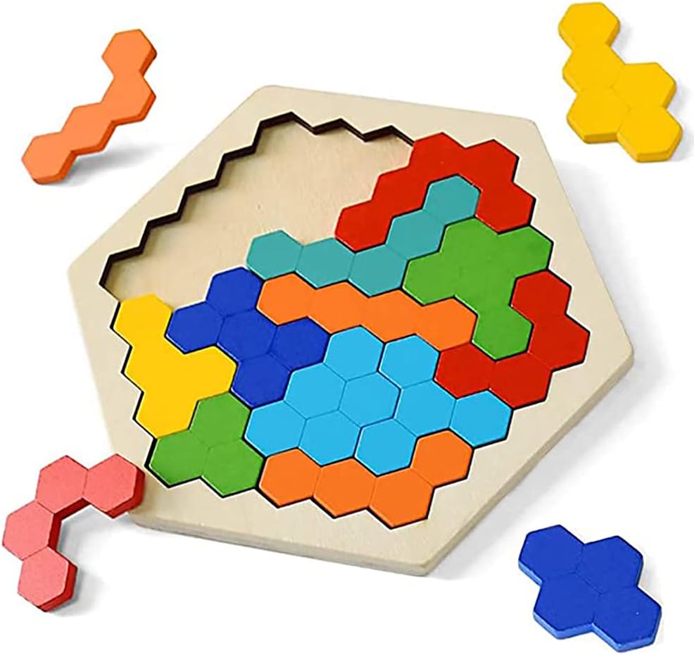 Wooden Puzzles for Kids Puzzles Hexagon Shape Pattern Block for Kids Brain Teaser Puzzle Toy Logic IQ Game STEM Puzzle Educational Toy Gift for All Ages Challenge.