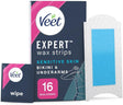 Veet Expert Cold Wax Strips, 16 Strips + 3 Finish Wipes, Brazilian Wax, Bikini Wax Strips, Bikini Hair Removal Underarm, Senisitive Wax Strips, Almond Oil, Waxing, Hair Removal.