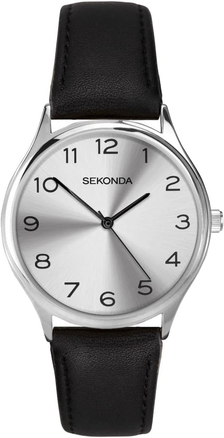 Sekonda Mens Classic Analogue Quartz Watch with Silver Dial and Black Leather Strap 1851.