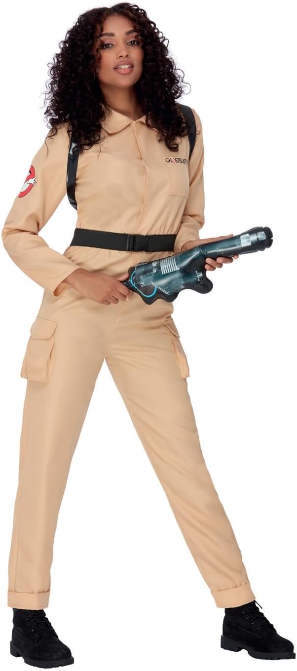 Smiffys Ghostbusters Ladies Costume for Adults, Jumpsuit and Inflatable Backpack, Beige, Officially Licensed with Logo Detail, Perfect for Halloween, 80s Theme Parties, and Family Fancy Dress.