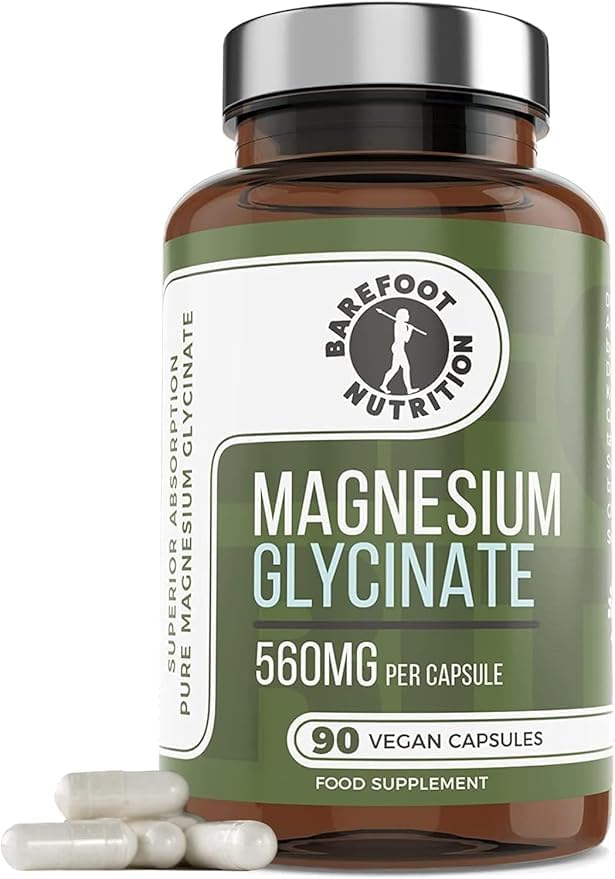 Barefoot Nutrition Magnesium Glycinate Supplement 560mg - 90 x 1-to-3 a Day Capsules. Pullulan Capsule - Superior Absorption: no Synthetic Binders or additives. Vegan & Paleo Friendly.