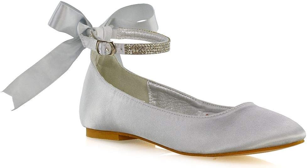 ESSEX GLAM Womens Ankle Strap Pumps Shoes Ladies Bridesmaid Satin Diamante Bow Bridal Ballet Shoes 3-8.