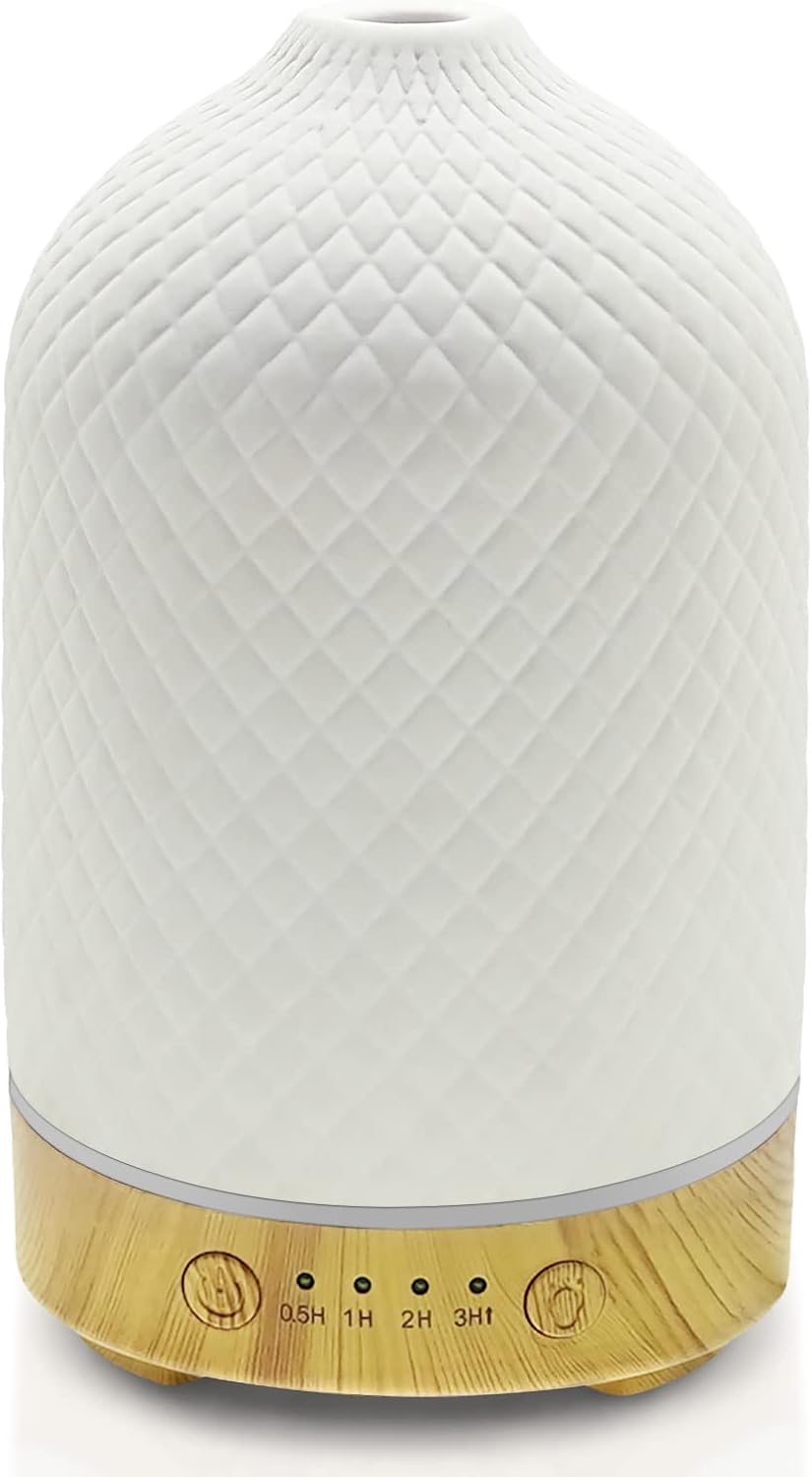 Essential Oil Diffuser Aromatherapy Air Cool Mist Diffuser 100ml Ceramic Aroma Scent Diffusers Humidifier with Auto Shut Off Ultrasonic Quiet/4 Timing Set/7 LED Lights for Home Office Sleep.