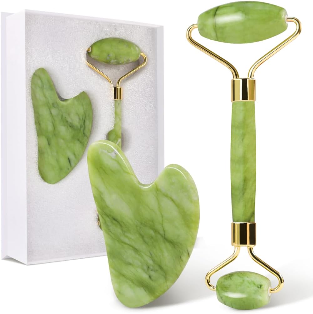 GUGUG Gua Sha and Jade Roller Set, Gua Sha Stone, Face Roller Massage Tool for Skin Care Routine, Guasha Tool for Face, Neck and Body Muscle.