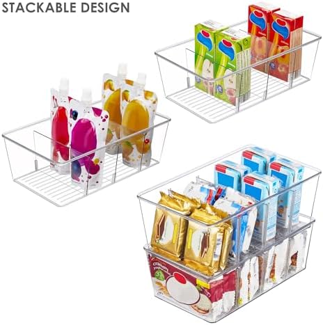 Vtopmart 2 Pack Food Storage Organizer Bins, Clear Plastic Bins for Pantry, Kitchen, Fridge, Cabinet Organization and Storage, 4 Compartment Holder Packets, Snacks, Pouches, Spice Packets