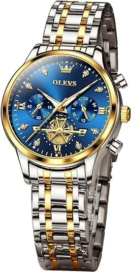 OLEVS Women Quartz Watches Luxury Casual Dress Elegant Wrist Watches Two Tone Stainless Steel Watches with Blue Black White Dial Diamond Waterproof Luminous Ladies Watch.