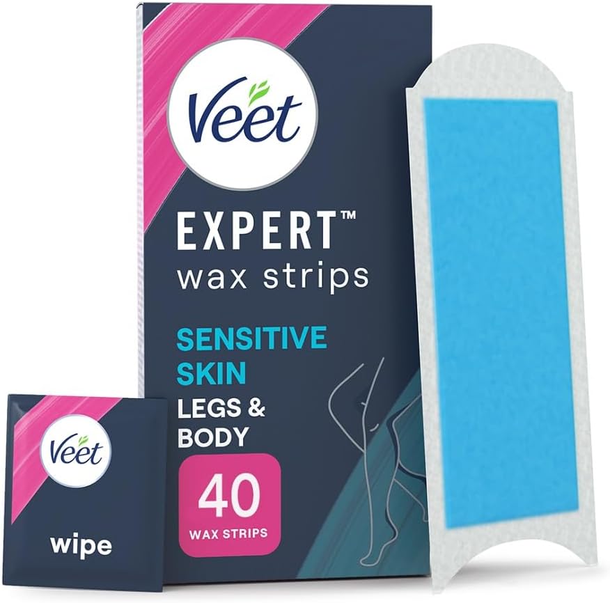 Veet Expert Cold Wax Strips, 40 Waxing Strips + 4 Finish Wipes, Wax Strips For Sensitive Skin, Waxing Kit, Leg Wax Strips, Sensitive Skin, Smooth Skin, Waxing, Hair Removal.