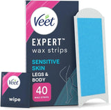 Veet Expert Cold Wax Strips, 40 Waxing Strips + 4 Finish Wipes, Wax Strips For Sensitive Skin, Waxing Kit, Leg Wax Strips, Sensitive Skin, Smooth Skin, Waxing, Hair Removal.