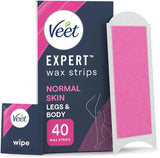 Veet Waxing Strips , 40 Cold Wax Strips, 4 Finish Wipes, Normal Skin, Leg Wax Strips, Hair Removal Wax Strips, Smooth Skin, Long Lasting, Waxing, Hair Removal, Shea Butter.