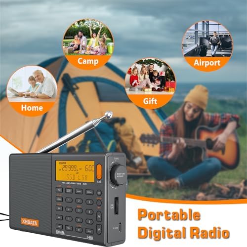 XHDATA D-808 Portable Digital Radio FM stereo/SW/MW/LW SSB RDS Air Band Multi Band Radio Speaker with LCD Display Alarm Clock External Antenna