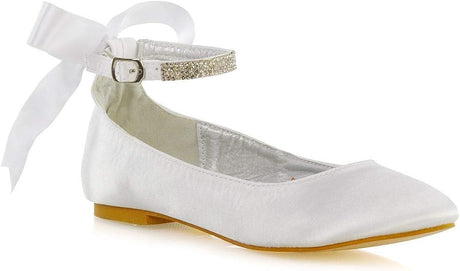 ESSEX GLAM Womens Ankle Strap Pumps Shoes Ladies Bridesmaid Satin Diamante Bow Bridal Ballet Shoes 3-8.