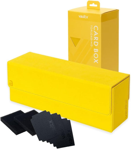 Vault X Exo-Tec Card Box 450+ Storage with Detachable Magnetic Lid, Dividers & Foam Fillers to Organize Deck Boxes, Toploaders, TCG/CCG & Sports Cards (Yellow).