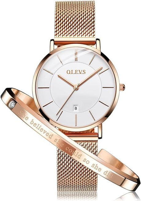 OLEVS Women's Watch 6.5mm Ultra Thin Rose Gold Minimalist Dress Watch Bracelet Set Fashion Quartz Waterproof Ladies Wrist Watch.