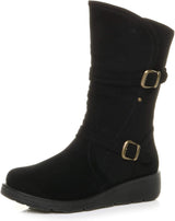 AJVANI Womens Ladies Low Wedge Lightweight Heel Ruched Buckle Winter Comfort Calf Boots Size.