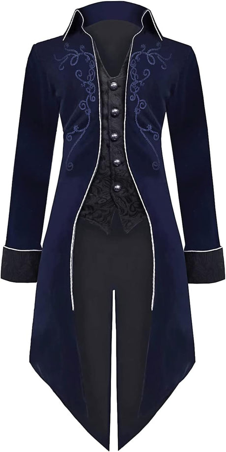 Sangdut Men’s Medieval Steampunk Tailcoat Jacket, Male Victorian Renaissance Gothic Retro Vintage Embroidery Coat Halloween Party Cosplay Pirate Vampire Gentleman Costumes for Adult.