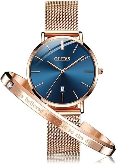 OLEVS Women's Watch 6.5mm Ultra Thin Rose Gold Minimalist Dress Watch Bracelet Set Fashion Quartz Waterproof Ladies Wrist Watch.