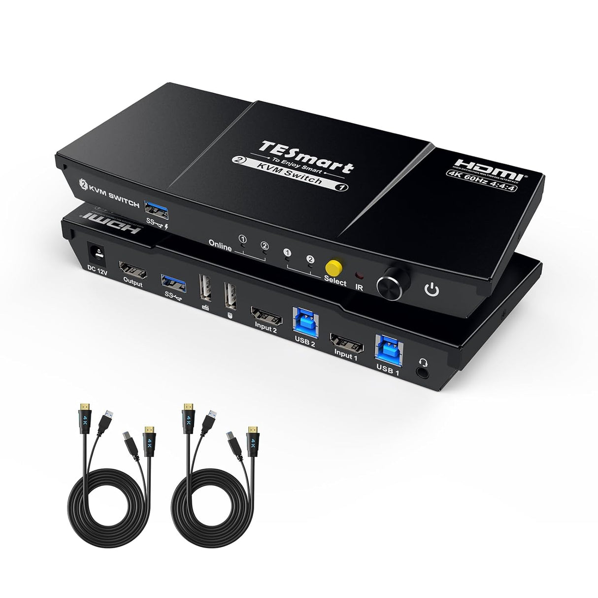 TESmart USB 3.0 KVM Switch 1 Monitor 2 Computers, HDMI KVM Switch 2 Port 4K@60Hz, Headset, Audio&Microphone,EDID Emulators, L/R Audio, Hotkey Switch, Button Switch with Remote.