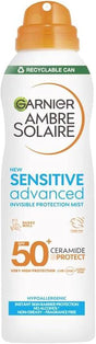 Garnier Ambre Solaire SPF 50+ Sensitive Advanced Dry Mist Sun Cream Spray, Water Resistant & Non Greasy Sunscreen, Fragrance Free, UVA & UVB Protection, Approved by Cruelty Free International, 150ml.