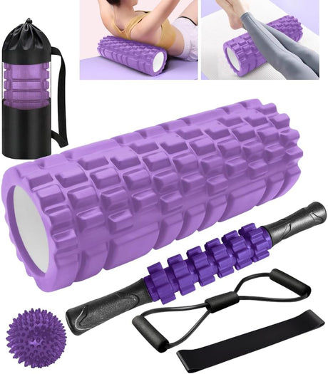 Foam Rollers,Qveetry 6 in 1 Foam Roller Set Deep Tissue Massage Roller with Muscle Roller Stick,Exercise Resistance Bands,Massage Ball, Density Foam Roller for Yoga Pilates.