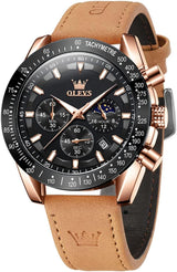 OLEVS Mens Watches Dress Brown Leather Strap UK Waterproof Sport Military Multifunction Chronograph Analog Quartz Wrist Watches Gent Luminous Fashion Calendar.