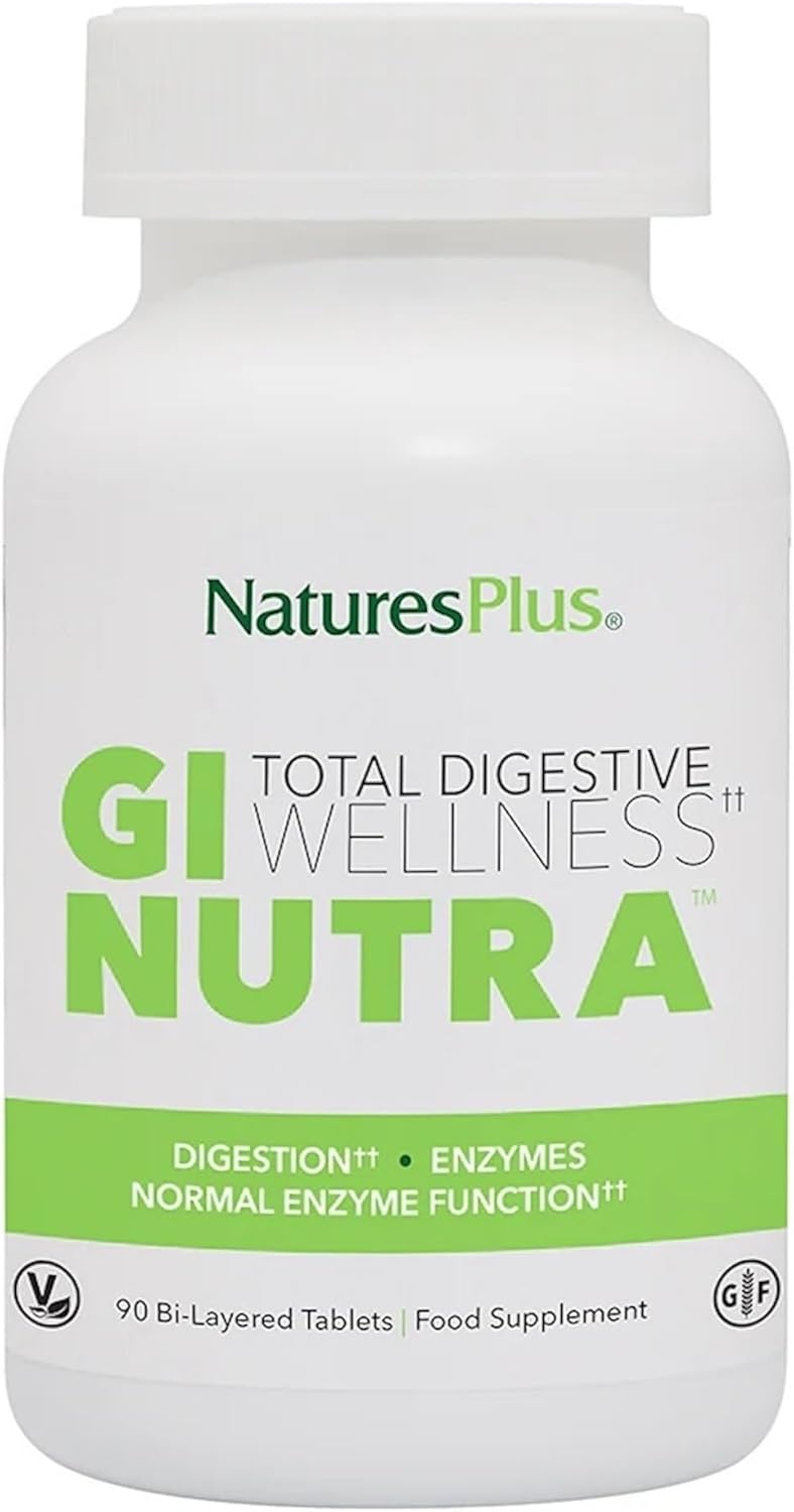 NaturesPlus GI Nutra Total Digestive Wellness Tablets - Probiotics Supplement with Prebiotics, Digestive Enzymes, Glutamine, Calcium - Gut Health, Vegetarian, Gluten Free - 90 Tablets.