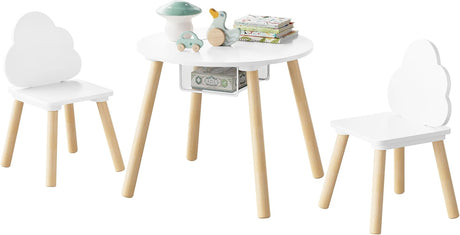 WOLTU Kids Table and Chair Set, Round Wooden Storage Table and Chairs for Toddlers, 3-Piece Children’s Table & Chair Set, White Activity Table with 2 Chairs, Playroom/Nursery Furniture Set.