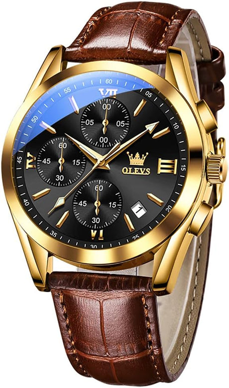 OLEVS Watch for Men Chronograph Brown Leather Strap Classic Fashion Analog Quartz Big Dial Casual Waterproof Luminous Wrist Watches.