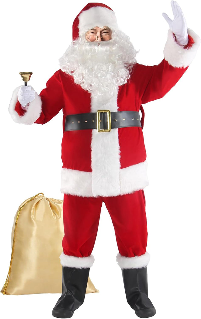 Boveco Christmas Santa Claus Costume for Men Adult 11 Pcs Deluxe Velvet Suit Outfit Xmas Santa Holiday Party Cosplay.