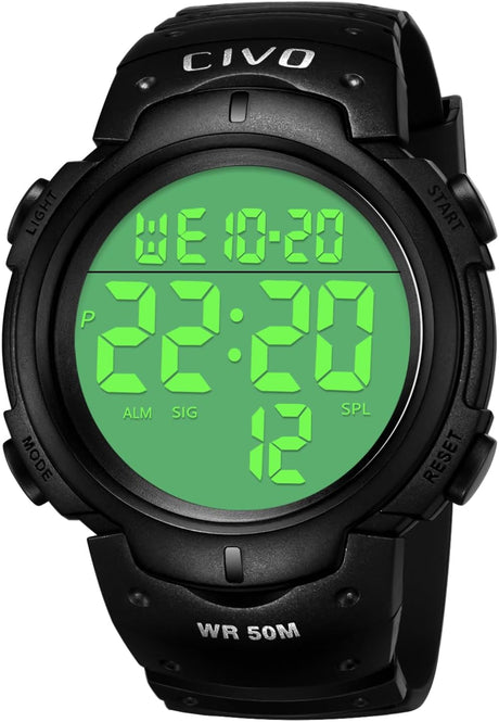 CIVO Wrist Watches Digital Mens Waterproof Black Sport Watch for Men Military Alarm Timer Date Stopwatch.