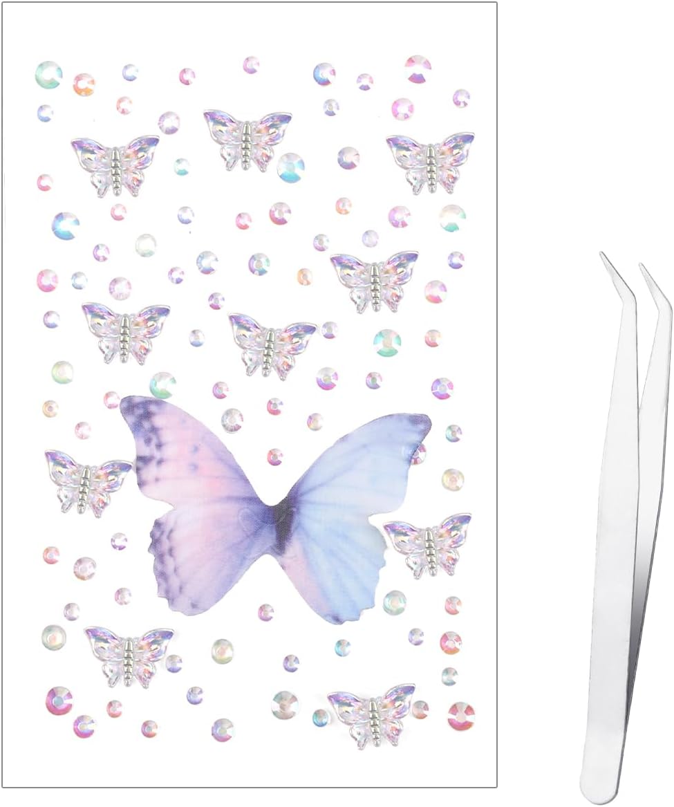 100 pcs Face Rhinestones, Colorful Aurora Self Adhesive Hair Rhinestones Face Sticky Gems with Tweezers Fabric Butterflies Multi-Style Sequin Stickers for Kids Women Face Body Makeup.