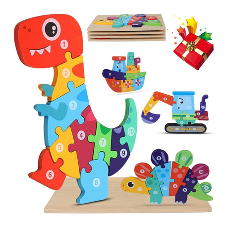 4 Pack Wooden Puzzle Wooden Dinosaur Jigsaw Number Toys for 3+ Years Old Boys Girls Games for 3+ Years Old Birthday for 3+ Years Old Girls Boys Kid Montessori Toys Puzzle Age 3+.