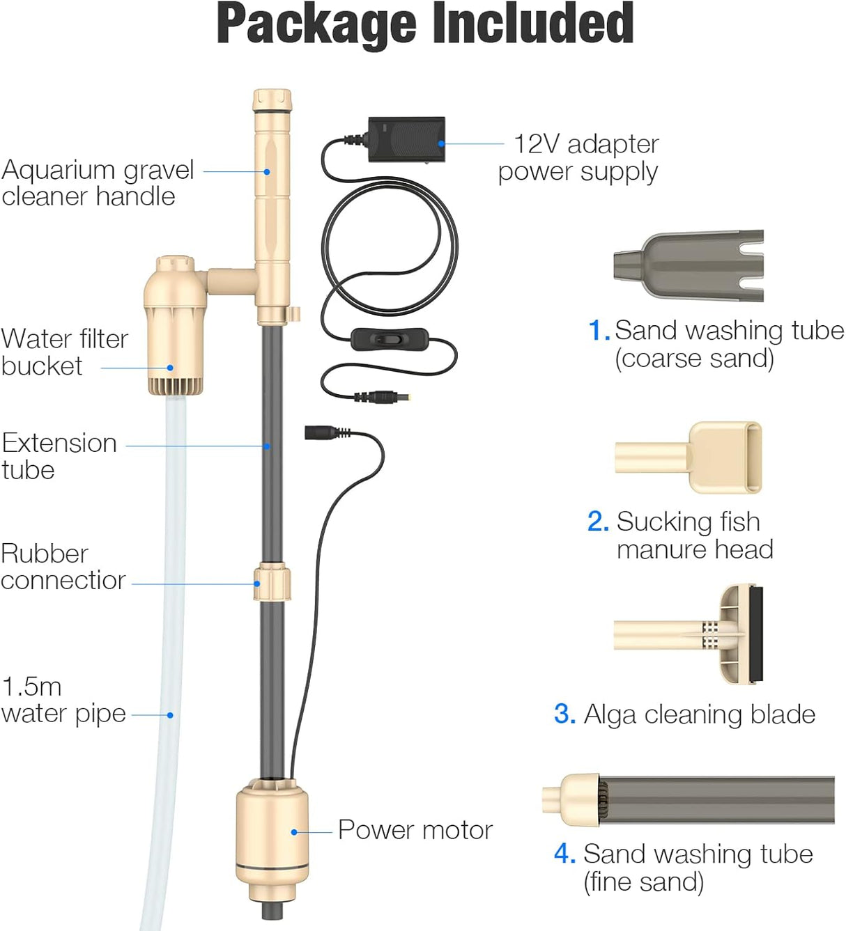 bedee Aquarium Gravel Cleaner, 6 in 1 Mulmsauger Aquarium Electric Vacuum Cleaner Siphon Filter Cleaner Set with Adjustable Flow Control for Water Change and Sand Wash, DC 12 V, 18 W Beige