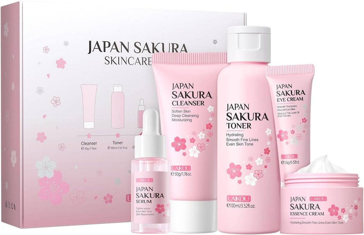 LAIKOU Japan Sakura Skincare Set, Luxury Facial Kit for Women Teenage Girls, Moisturizing & Anti Aging Skincare Gift Set - Cleanser, Toner, Lotion, Serum, Eye Cream, Face Cream, Makeup Primer, 7pcs.