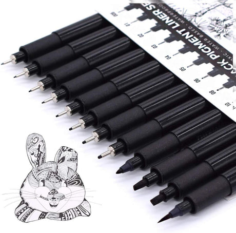 TWOHANDS Set of 12 Fineliner Pens, Fine Point Ink Pens, Pigment Pens, Technical Drawing pens, Black, Waterproof, for Art Watercolor, Sketching, Anime, Manga, Scrapbooking, 902188.