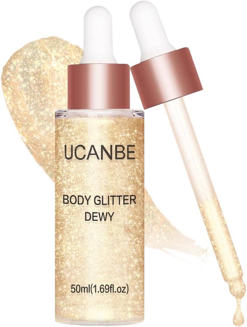 UCANBE Hydrating Body Shimmer Face Glitter Highlighter Makeup Liquid Glow Lotion for Women Holographic Luminizer for Hair for Valentine's Day Gifts (Silver White, 02).