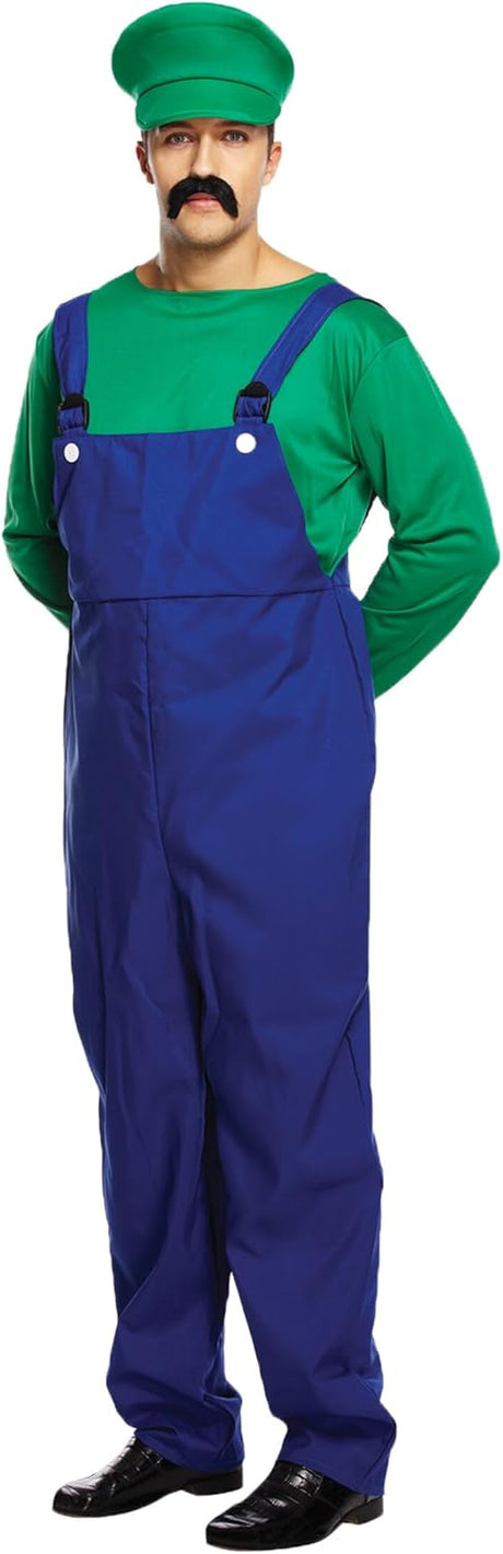 HENBRANDT Adult Men’s Super Plumber Fancy Dress Costume Retro 1980s Videogame Mutliple Colours Size Overalls Moustache Brothers Workman Dress Up Outfit Two Sizes Mens Fancy Dress Costume.