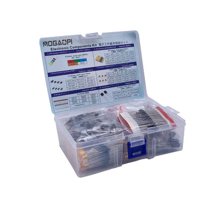 MOGAOPI Electronic Component Kit & Total 1390 Pcs, LED Diodes, Metal Film Resistors, Electrolytic Capacitor Package, Common Diodes, Ceramic Capacitors, Common Transistor Assortment Box.