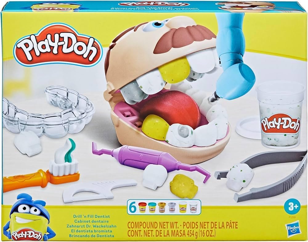 Play-Doh Drill 'n Fill Dentist Toy for Children 3 Years and Up with 8 Modelling Compound Pots, Non-Toxic, Assorted Colours.