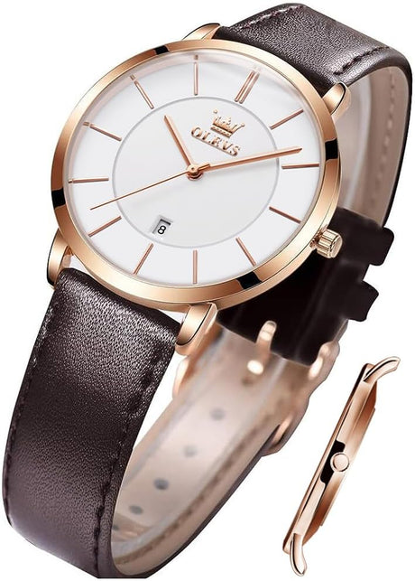 OLEVS Ladies Quartz Watch Minimalist Casual Ultra-Thin Design & Leather Strap & Waterproof & Date Elegant Watch.