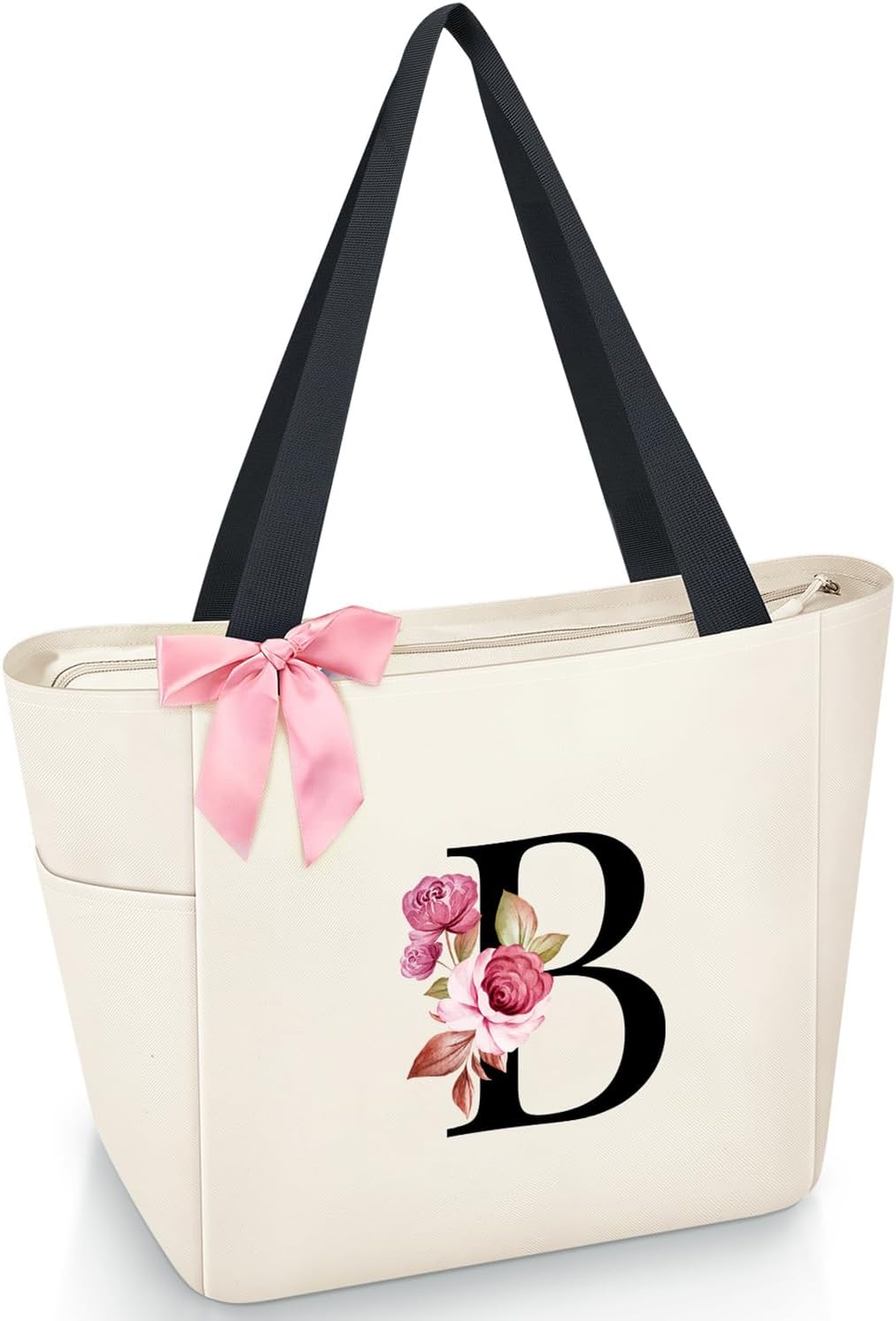 Vavabox A-Z Initial Personalized Tote Bag,Waterproof Gifts for Women, Bridesmaids,Mom,Teachers,Friends (A, Black).