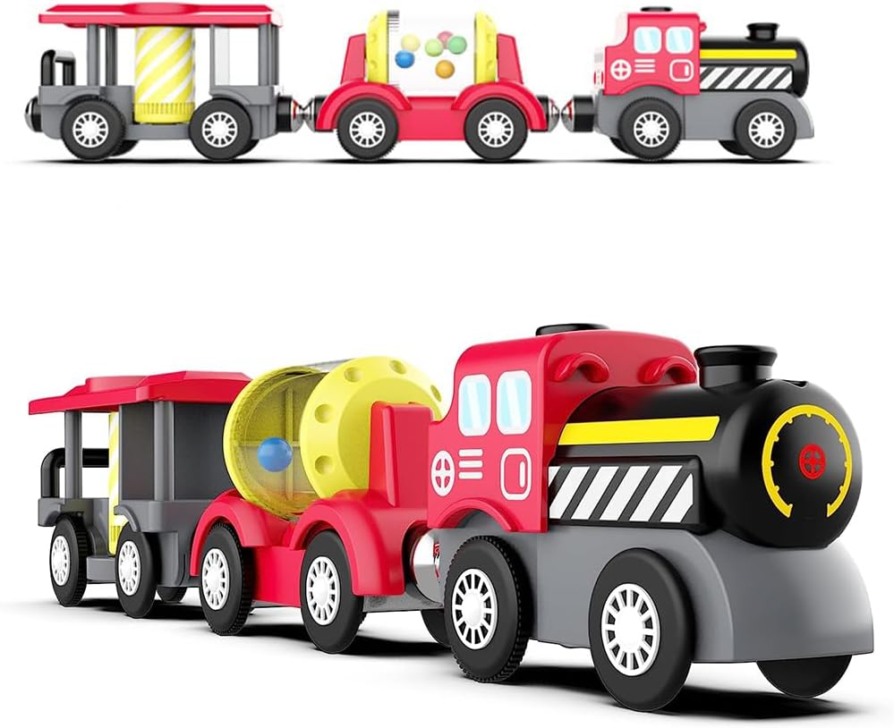 TOPLIVING Battery Operated Wooden Train Rail Set Toys for Toddlers Age 3 to 4 Years Boys Kids Magnetic Couplings City Vehicle with Figures (No Battery).