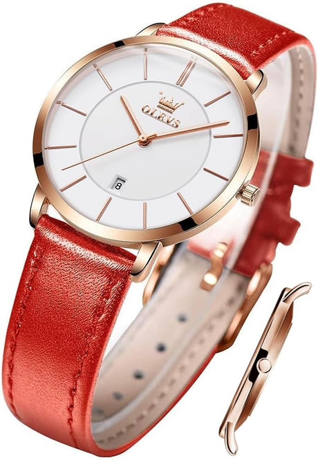 OLEVS Ladies Quartz Watch Minimalist Casual Ultra-Thin Design & Leather Strap & Waterproof & Date Elegant Watch.