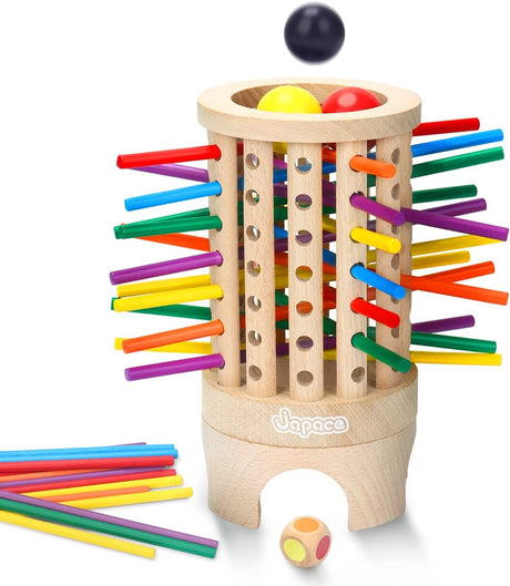 Japace Wooden Montessori Educational Toys, Leaning Tower of Pisa Motor Skill Developmental Toy Board Games with 36 Colorful Wooden Sticks and Dice, Family Game Party Games for Kids and Adults.