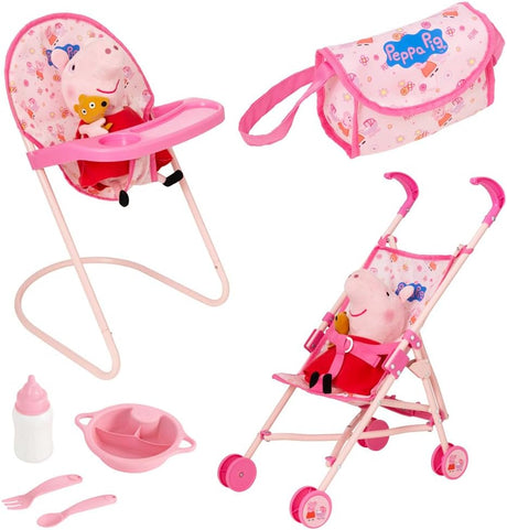 Peppa Pig Nursery Bundle | 7 Piece Nursery Playset | Dolly Highchair, Peppa Pig Single Stroller, Reusable Cutlery Set & Changing Bag/Mat | Prams, Pushchairs and Dolls Accessories | 3+.