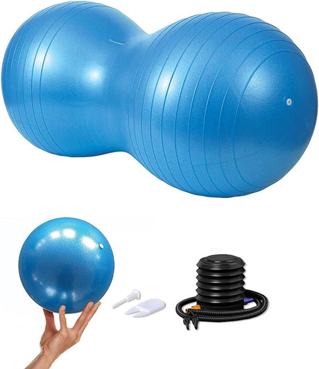 DumanAsen Exercise Ball, Peanut ball, fitness ball, Ball for Yoga, Pilates, Core Training and Physical Therapy, with Quick Pump and one small Pilates ball, Blue 90cm x 45cm.