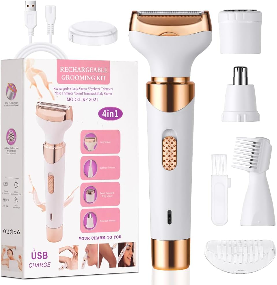 ACWOO Electric Lady Shaver, Cordless 4 in 1 Electric Shaver for Women, Rechargeable Painless Electric Razor Bikini Trimmer Wet and Dry Hair Removal for Face Legs Underarm Nose and Eyebrow (B).