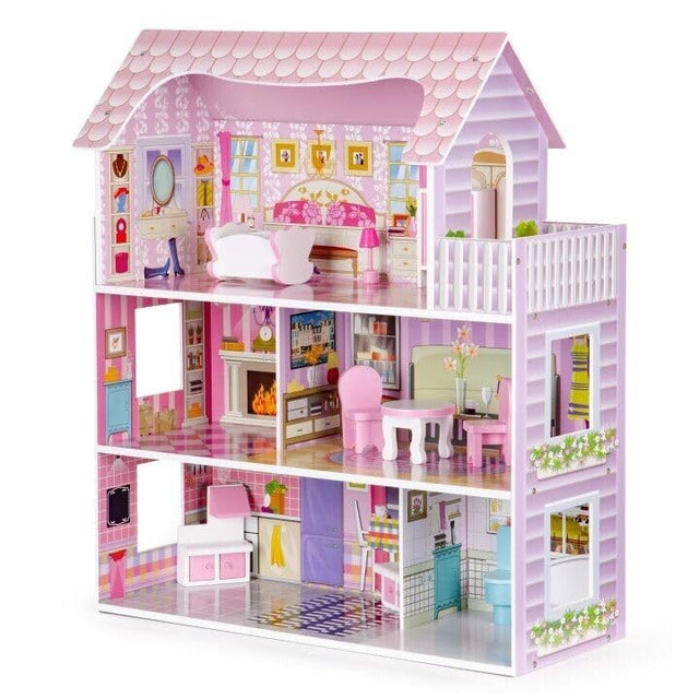 Suprills Wooden Pretend Play Dolls house Wooden Dolls House with 11pcs Furniture & Staircase Accessories, 3-Storey Large Dollhouse Playset for Girls Kids Role Play Toy Educational Gift.