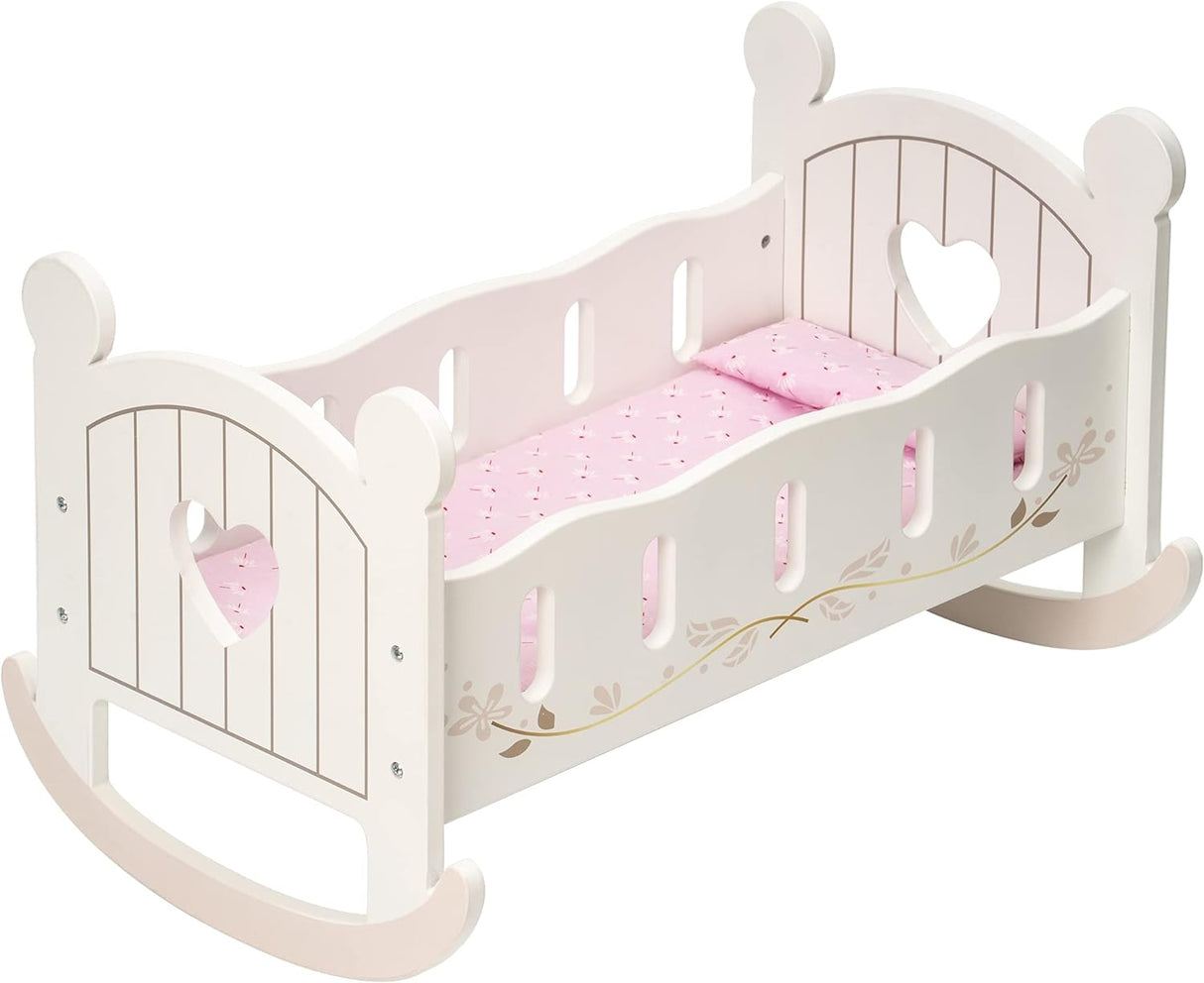 ROBUD Wooden Dolls Cot for 18 inch Doll, Doll Bed with Bedding Baby Dolls Crib Accessories, Doll Rocking Cradle Doll Furniture Baby Doll Cot, Toys Gifts for 3+ Year Old Girls Boys.