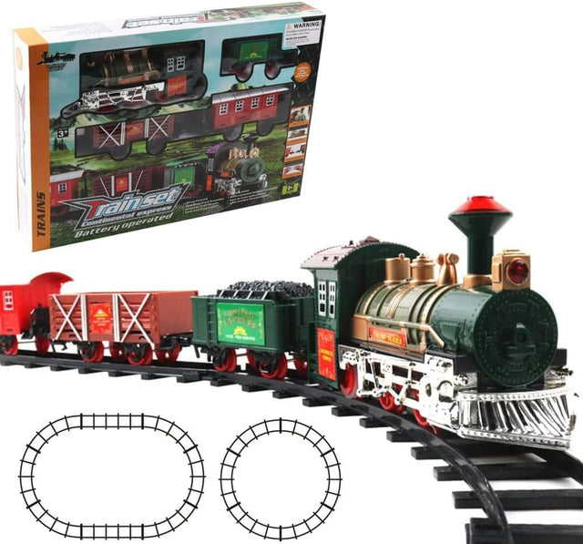 xwin sportseries Classic Holiday Toy Train Set Illuminated Electric Locomotive with Cargo, Passenger Cars, Kids' Railway Playset with Authentic Sounds and LED Lights Christmas Tree Décor.